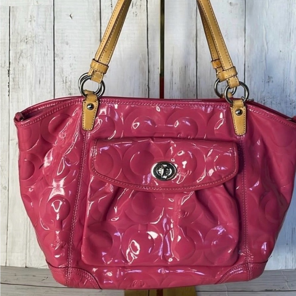 Coach Pink Patent Leather Shoulder Bag with Tan Handles